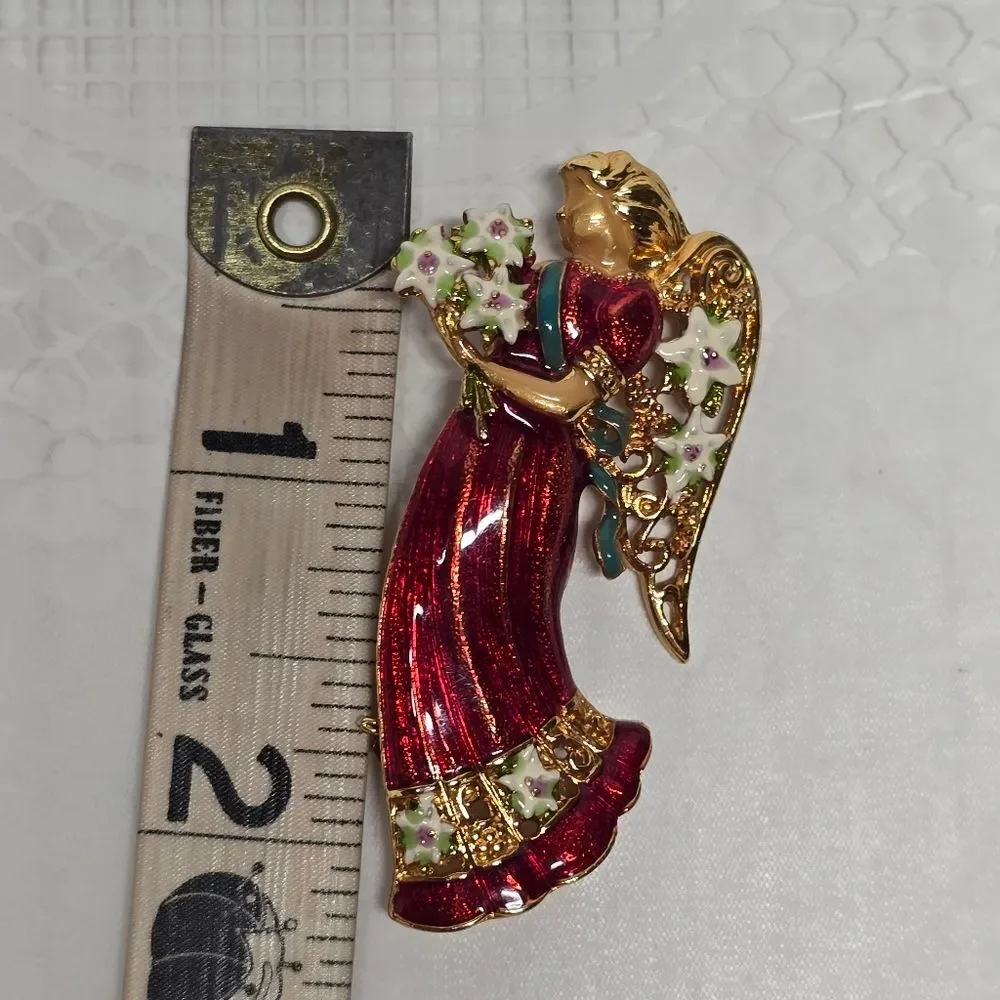 Christopher Radko Christmas Angel Brooch Gold Tone Red Enamel Signed Rare VTG - Picture 9 of 9
